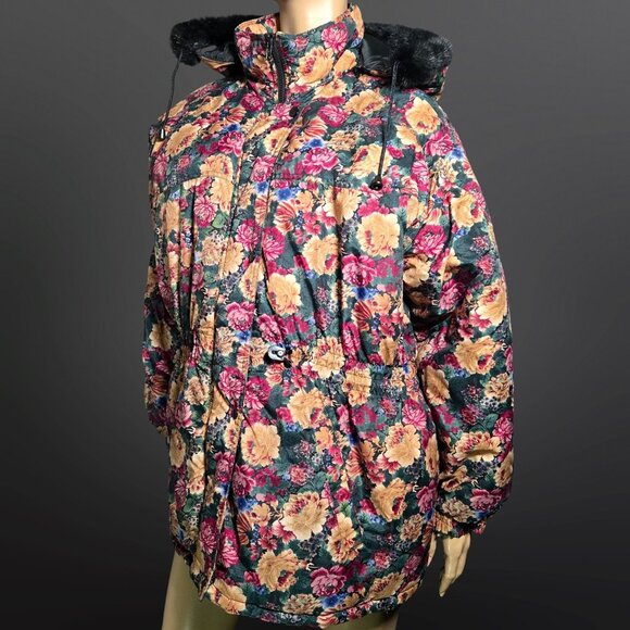 Vintage 80s Floral Puffer Ski Jacket Coat Black Faux Fur Trim Oversized size L - Picture 1 of 16